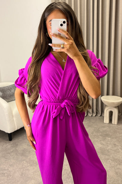 Keley Purple Frill Sleeve V Neck Plunge Belted Jumpsuit
