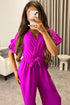 Keley Purple Frill Sleeve V Neck Plunge Belted Jumpsuit