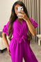 Keley Purple Frill Sleeve V Neck Plunge Belted Jumpsuit