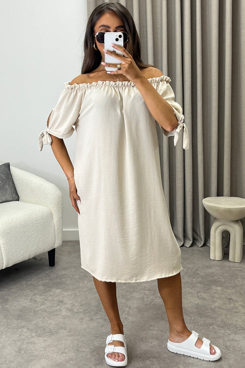 Kacie Beige Frill Bardot Tie Sleeve Mini Dress