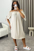 Kacie Beige Frill Bardot Tie Sleeve Mini Dress