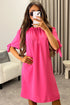 Kacie Pink Frill Bardot Tie Sleeve Mini Dress