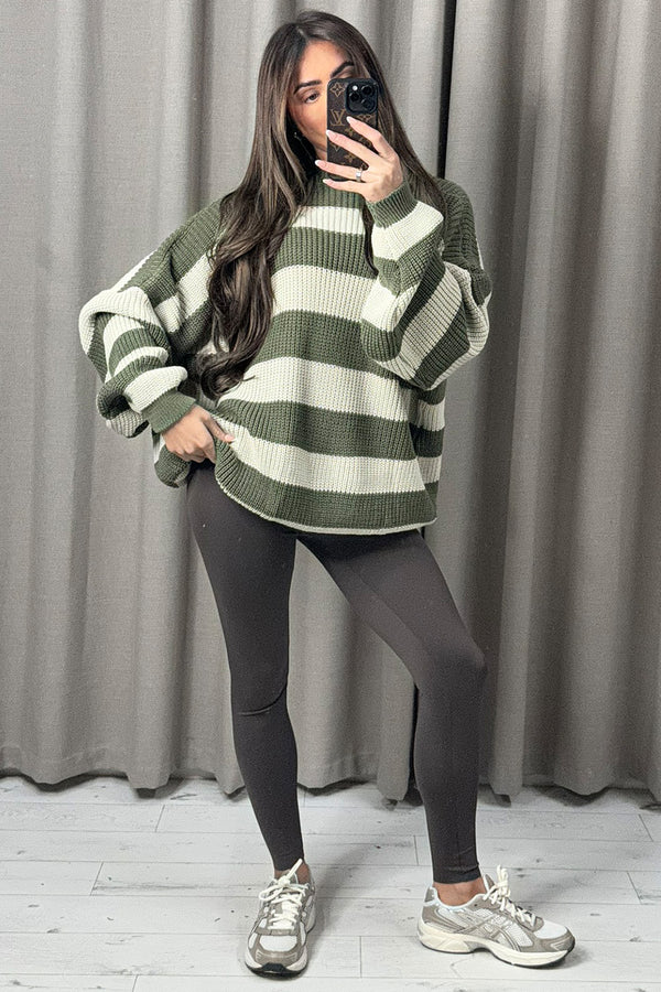 Celine Khaki and Cream Knitted Stripe Oversized Jumper