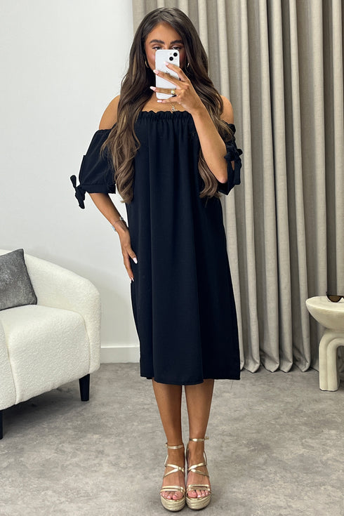 Kacie Black Frill Bardot Tie Sleeve Mini Dress