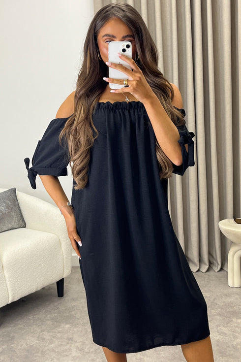 Kacie Black Frill Bardot Tie Sleeve Mini Dress