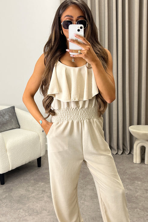 Manda Beige Frill Detail Sleeveless Jumpsuit