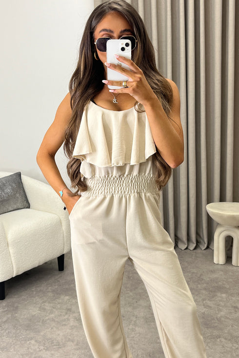 Manda Beige Frill Detail Sleeveless Jumpsuit