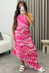 Mallory Pink Tie Dye Abstract Print One Shoulder Cut Out Pleated Satin Maxi Dress