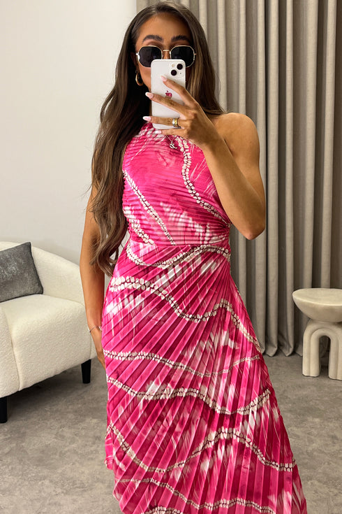 Mallory Pink Tie Dye Abstract Print One Shoulder Cut Out Pleated Satin Maxi Dress