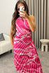 Mallory Pink Tie Dye Abstract Print One Shoulder Cut Out Pleated Satin Maxi Dress