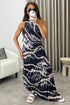 Mallory Black Tie Dye Abstract Print One Shoulder Cut Out Pleated Satin Maxi Dress