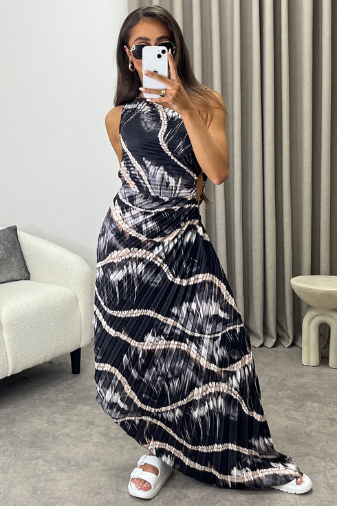 Mallory Black Tie Dye Abstract Print One Shoulder Cut Out Pleated Satin Maxi Dress