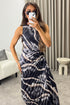 Mallory Black Tie Dye Abstract Print One Shoulder Cut Out Pleated Satin Maxi Dress