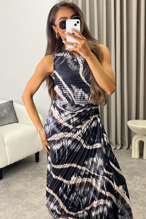 Mallory Black Tie Dye Abstract Print One Shoulder Cut Out Pleated Satin Maxi Dress