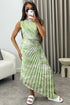 Mallory Green Tie Dye Abstract Print One Shoulder Cut Out Pleated Satin Maxi Dress