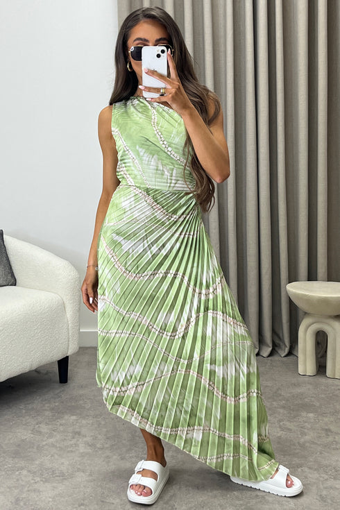 Mallory Green Tie Dye Abstract Print One Shoulder Cut Out Pleated Satin Maxi Dress