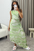 Mallory Green Tie Dye Abstract Print One Shoulder Cut Out Pleated Satin Maxi Dress