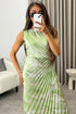 Mallory Green Tie Dye Abstract Print One Shoulder Cut Out Pleated Satin Maxi Dress