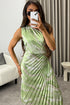 Mallory Green Tie Dye Abstract Print One Shoulder Cut Out Pleated Satin Maxi Dress