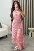 Mallory Baby Pink Tie Dye Abstract Print One Shoulder Cut Out Pleated Satin Maxi Dress
