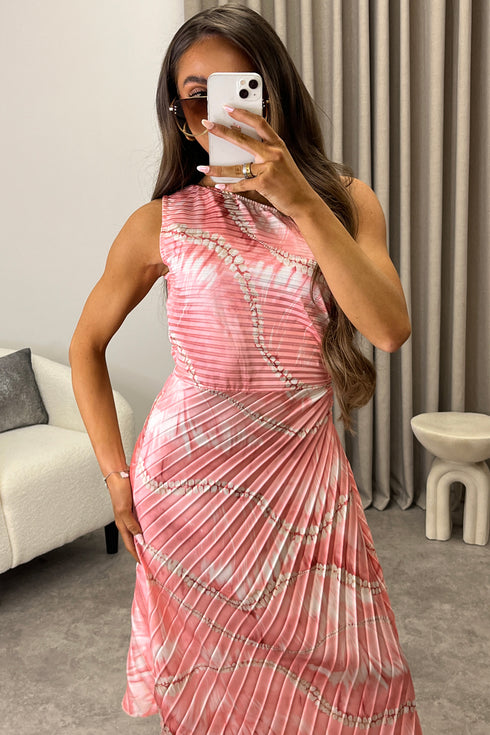 Mallory Baby Pink Tie Dye Abstract Print One Shoulder Cut Out Pleated Satin Maxi Dress