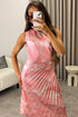 Mallory Baby Pink Tie Dye Abstract Print One Shoulder Cut Out Pleated Satin Maxi Dress