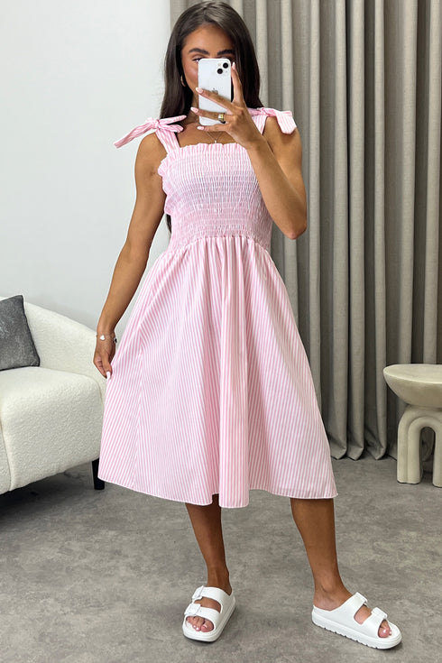 Monique Pink Stripe Print Tie Strap Shirred Midi Dress