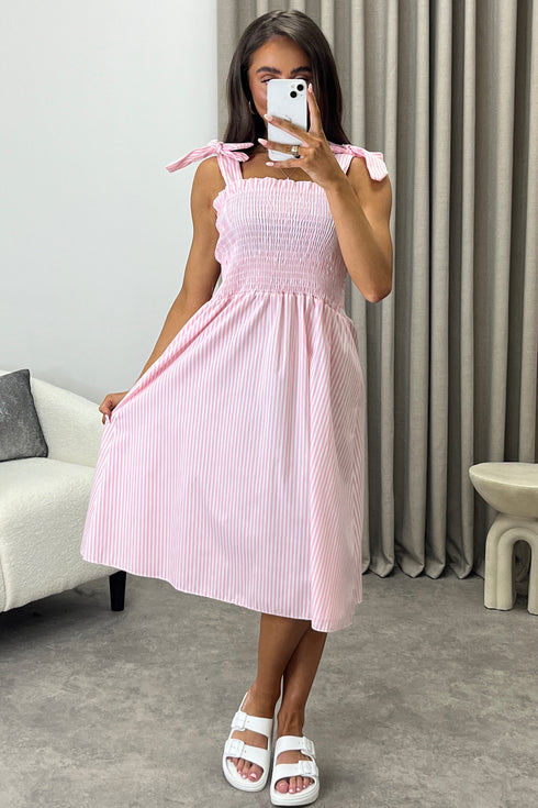 Monique Pink Stripe Print Tie Strap Shirred Midi Dress
