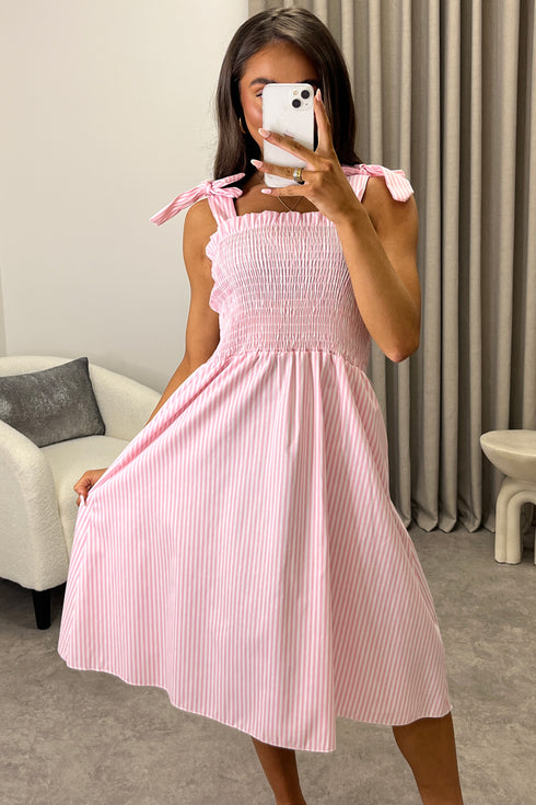 Monique Pink Stripe Print Tie Strap Shirred Midi Dress