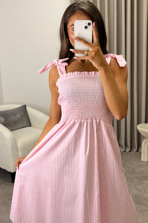 Monique Pink Stripe Print Tie Strap Shirred Midi Dress