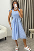 Monique Blue Stripe Print Tie Strap Shirred Midi Dress