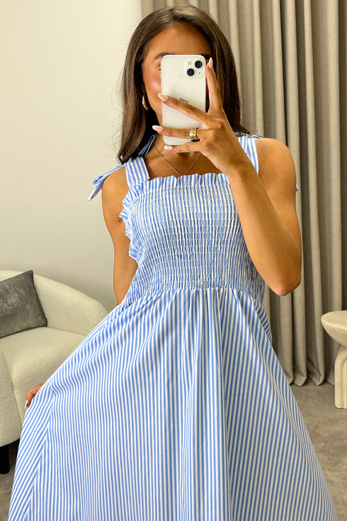 Monique Blue Stripe Print Tie Strap Shirred Midi Dress