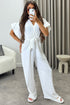 Keley White Frill Sleeve V Neck Plunge Belted Jumpsuit