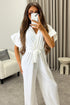 Keley White Frill Sleeve V Neck Plunge Belted Jumpsuit