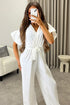 Keley White Frill Sleeve V Neck Plunge Belted Jumpsuit