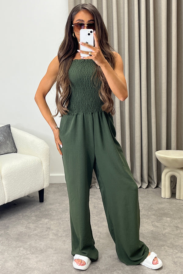 Jules Khaki Shirred Bandeau Wide Leg Jumpsuit