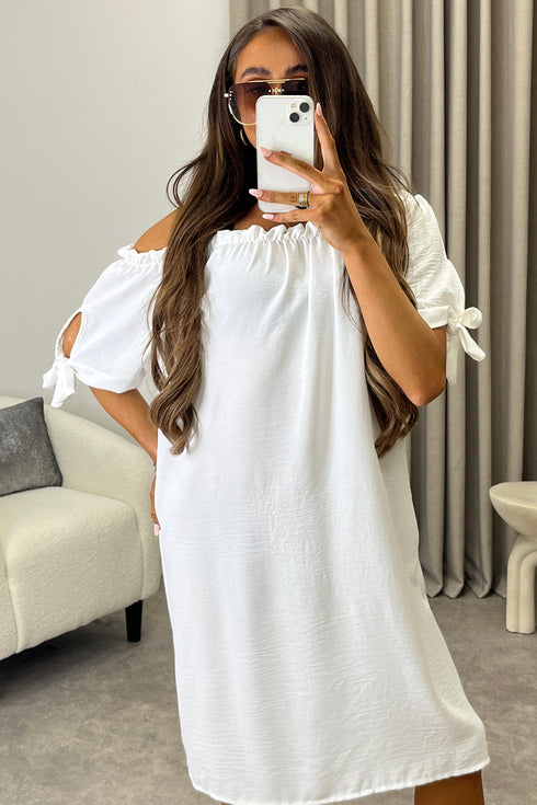 Kacie White Frill Bardot Tie Sleeve Mini Dress