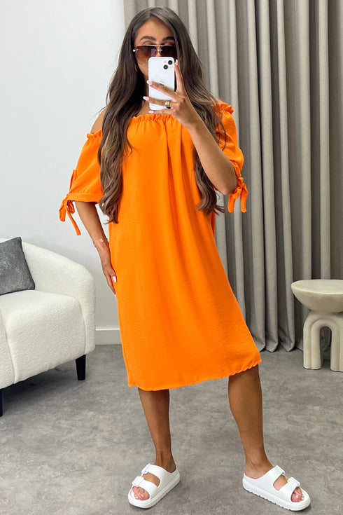 Kacie Orange Frill Bardot Tie Sleeve Mini Dress