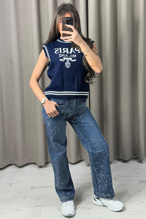 Avanna Navy Paris Milano Knitted Vest Top