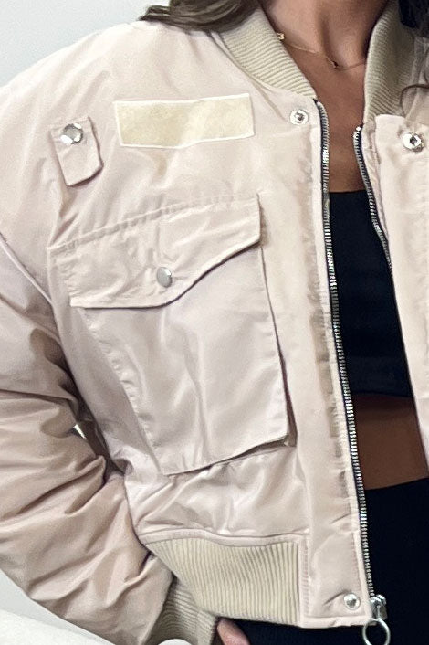 Elka Beige Utility Pocket Oversized Bomber Jacket