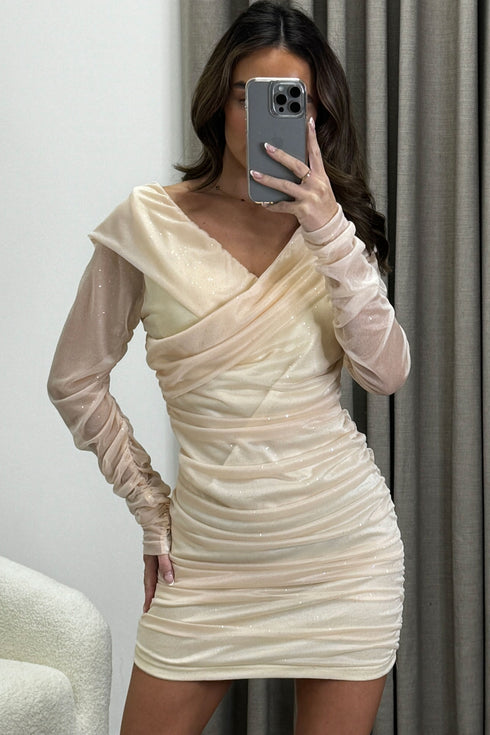 Vanna Beige Bardot Glitter Mesh Ruched Dress