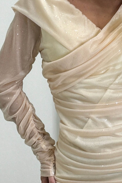 Vanna Beige Bardot Glitter Mesh Ruched Dress