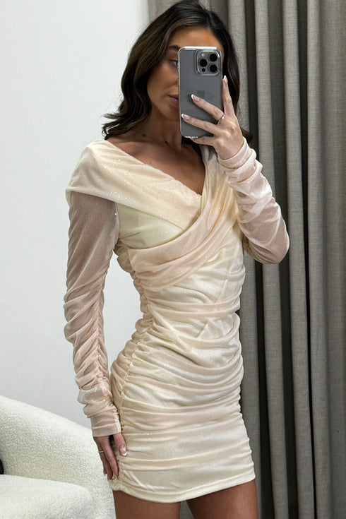 Vanna Beige Bardot Glitter Mesh Ruched Dress
