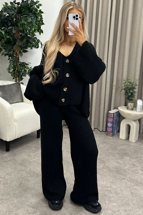 Mandi Black Ribbed Knit Cardigan and Trousers Loungewear Set