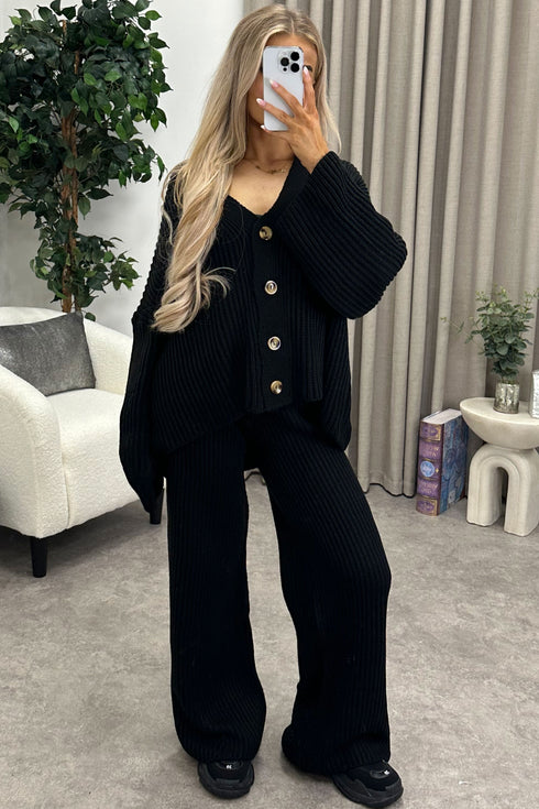 Mandi Black Ribbed Knit Cardigan and Trousers Loungewear Set