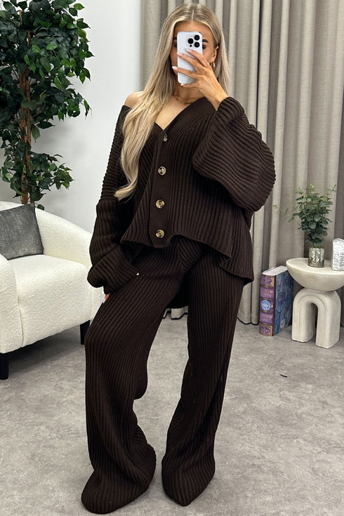 Mandi Brown Ribbed Knit Cardigan and Trousers Loungewear Set