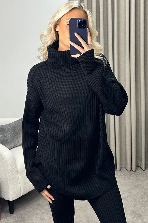 Juniper Black Oversized Roll Neck Knitted Co-Ord