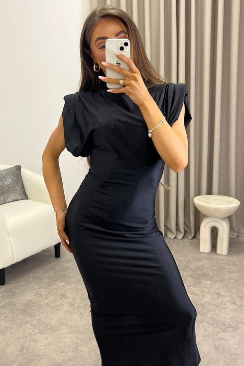 Naomhi Black High Neck Draped Sleeve Slinky Maxi Dress