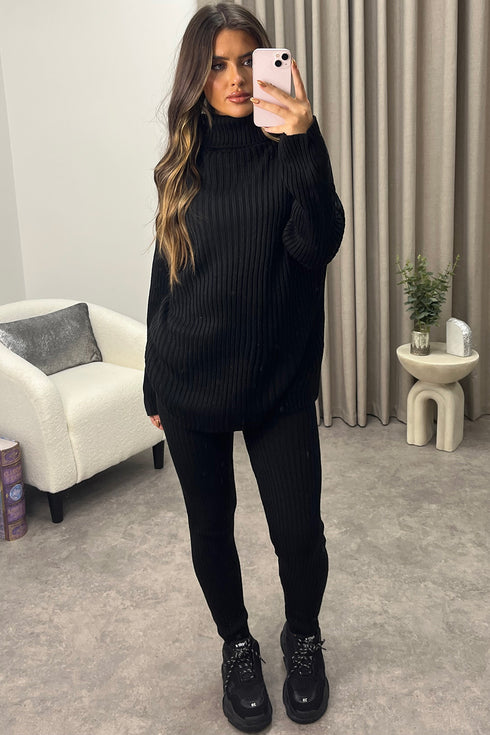 Juniper Black Oversized Roll Neck Knitted Co-Ord