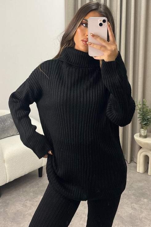 Juniper Black Oversized Roll Neck Knitted Co-Ord